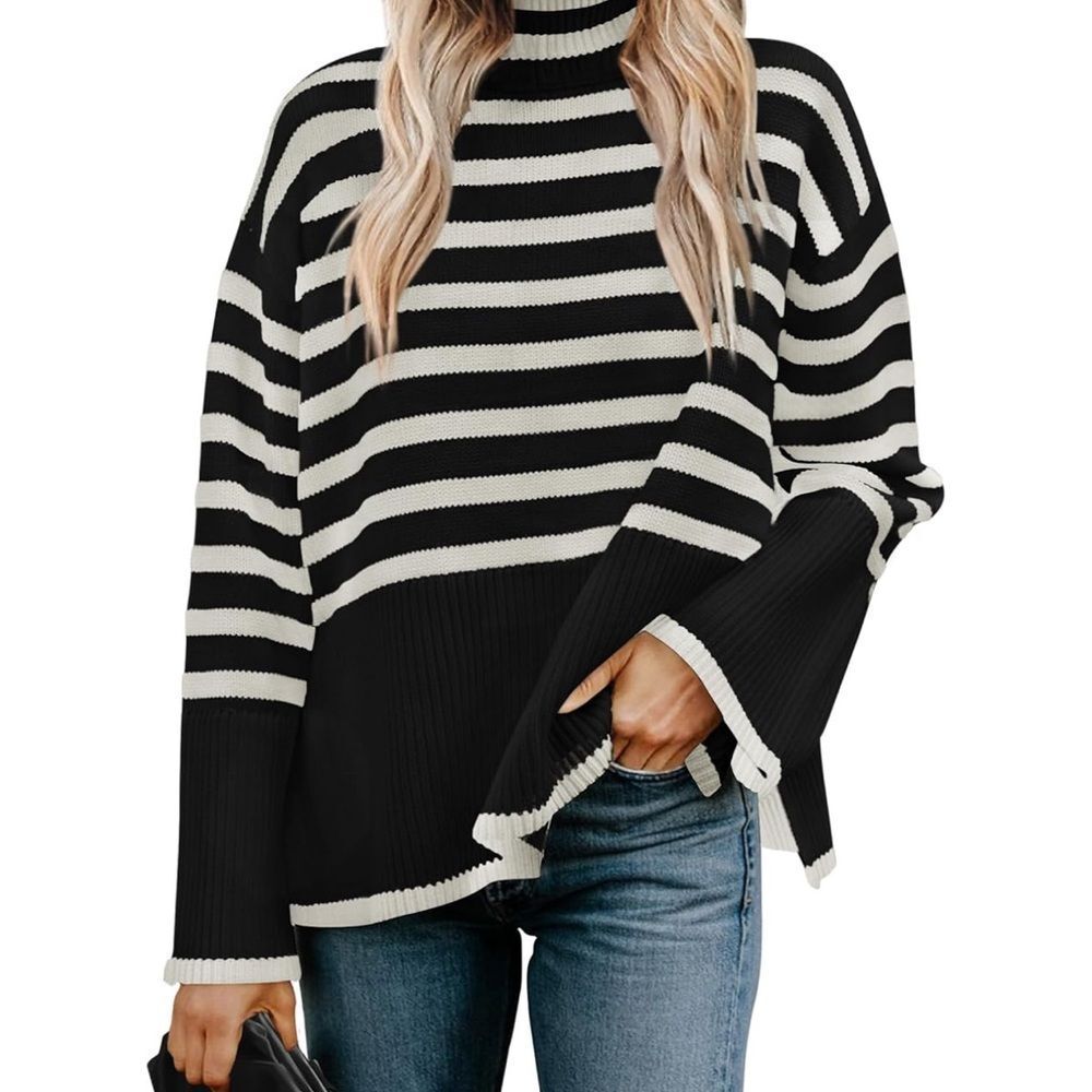 Black & White Striped Turtleneck Sweater with Flared Cuffs